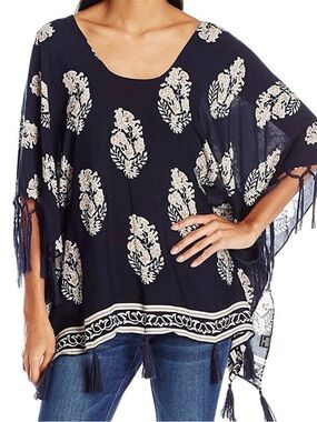 Angie Navy Tunic with Cream Floral Print & Tassel Trim